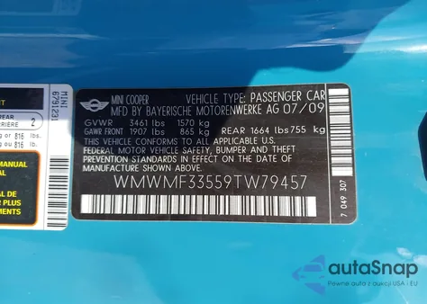 2009 Mini Cooper from USA, damaged, VIN WMWMF33559TW79457